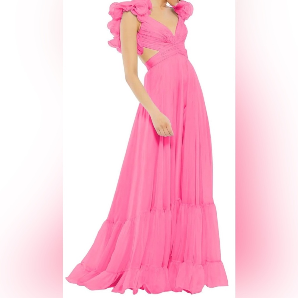 Ruffle Sleeved - Elegant Pink Maxi Dress Chiffon - Never Worn